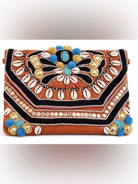 Handcrafted Orange Embellished Clutch with Shell and Pom-Pom Details